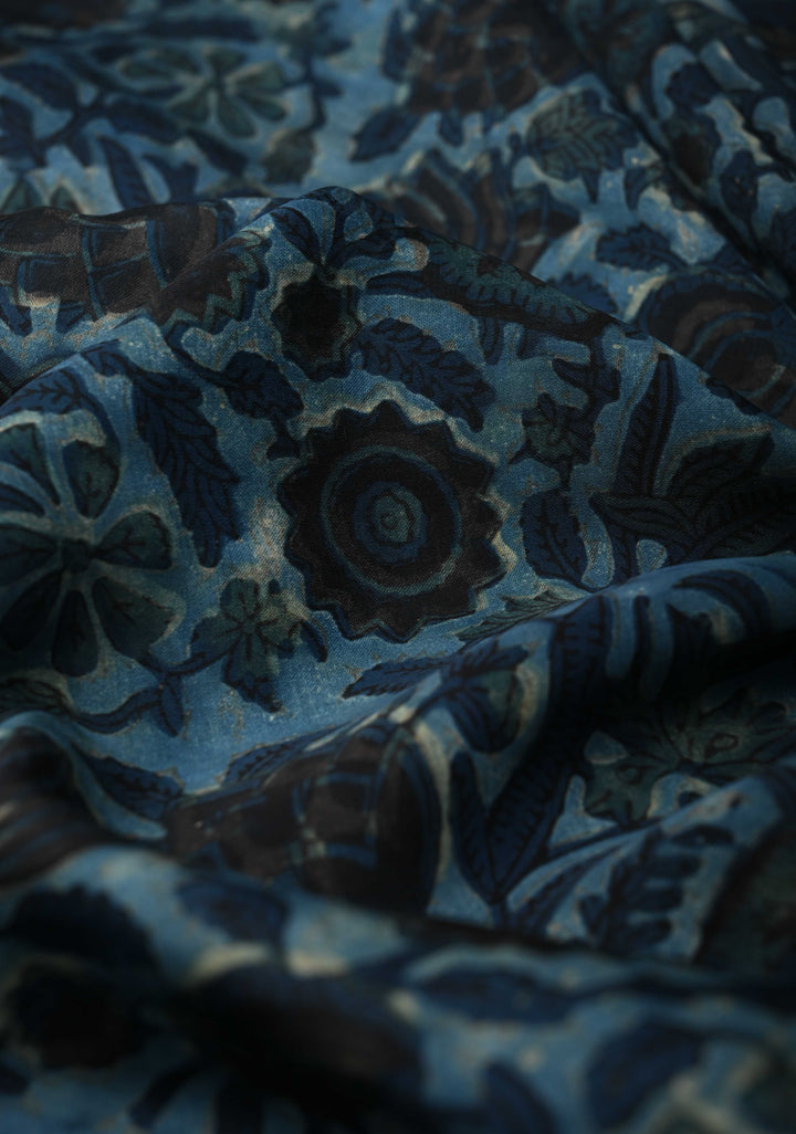 Ocen Blue Vanaspati Hand Block Print on Modal Silk Saree