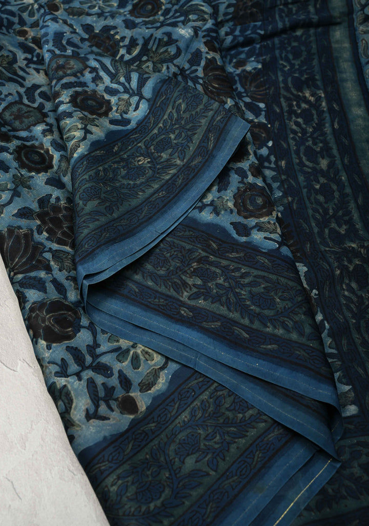Ocen Blue Vanaspati Hand Block Print on Modal Silk Saree