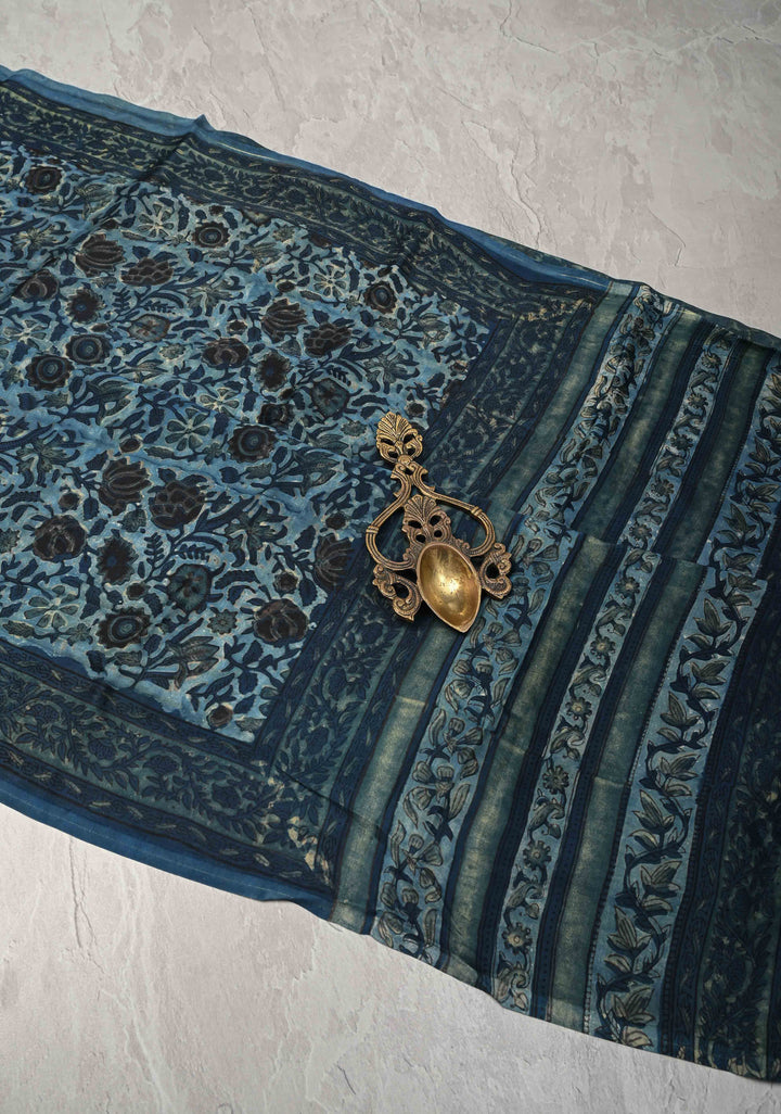 Ocen Blue Vanaspati Hand Block Print on Modal Silk Saree
