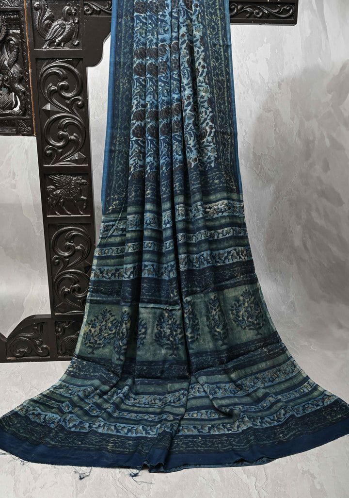 Ocen Blue Vanaspati Hand Block Print on Modal Silk Saree