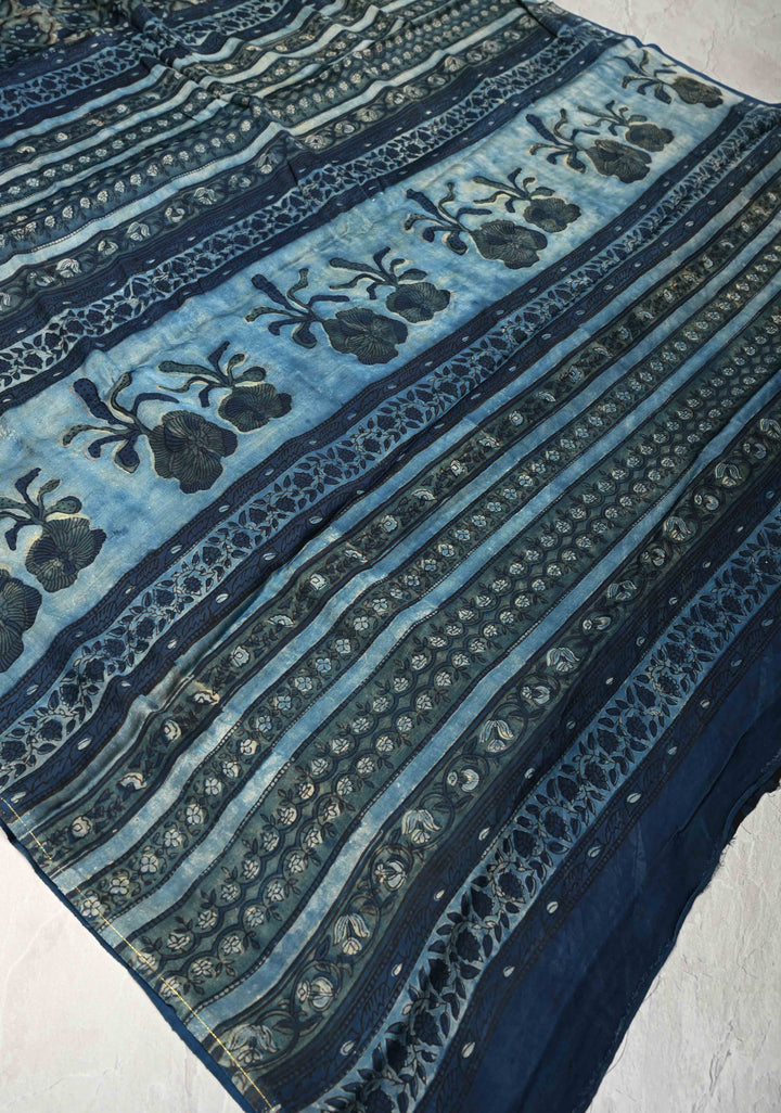 Blue Vanaspati Hand Block Print on Modal Silk Saree