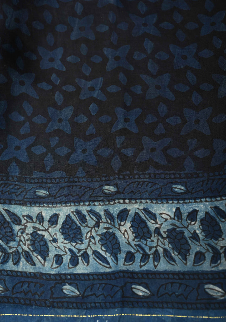 Blue Vanaspati Hand Block Print on Modal Silk Saree
