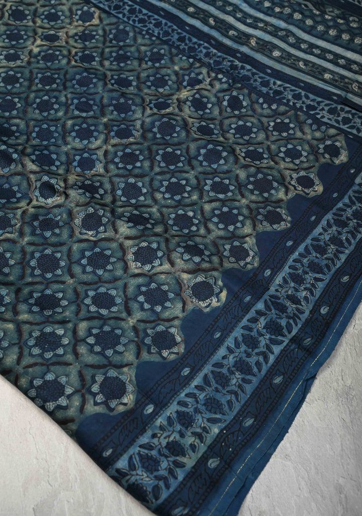 Blue Vanaspati Hand Block Print on Modal Silk Saree