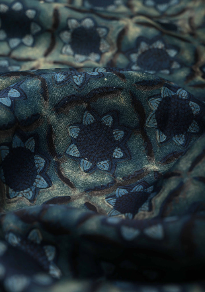 Blue Vanaspati Hand Block Print on Modal Silk Saree