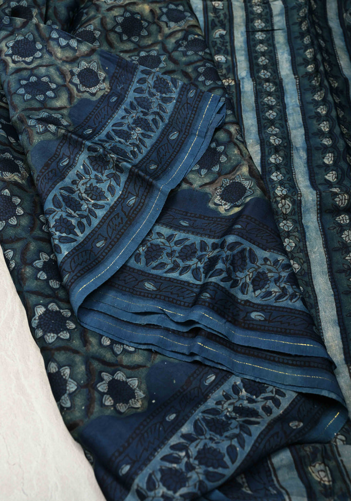Blue Vanaspati Hand Block Print on Modal Silk Saree