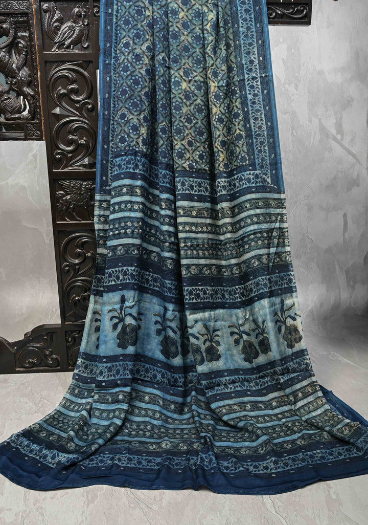 Blue Vanaspati Hand Block Print on Modal Silk Saree