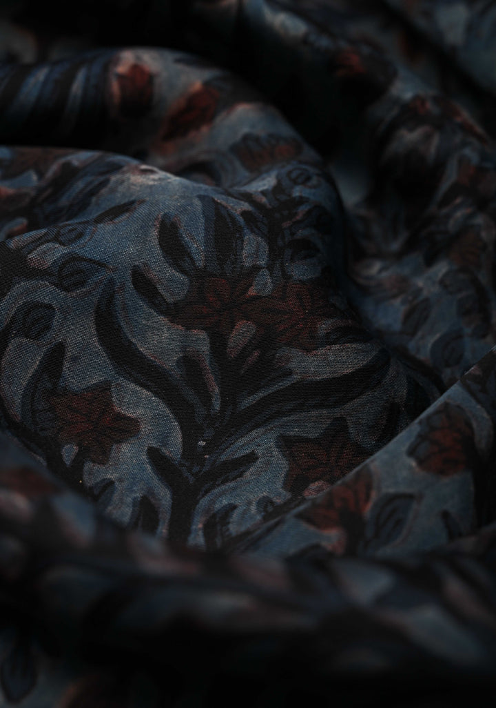 Airforce Blue Vanaspati Hand Block Print on Modal Silk Saree