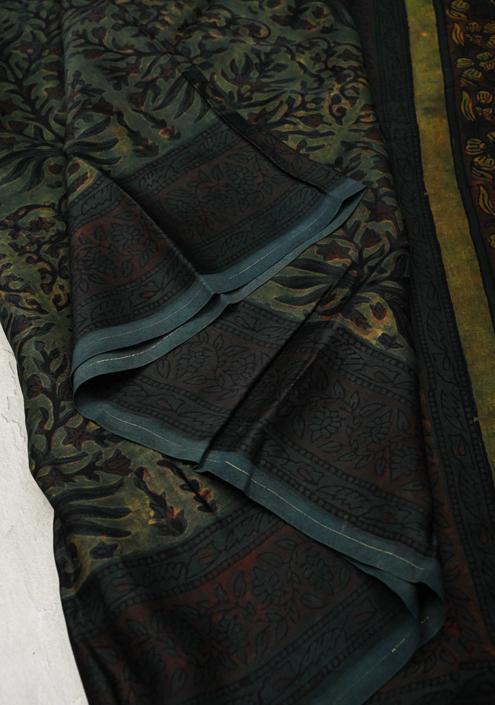 Green Vanaspati Hand Block Print on Modal Silk Saree