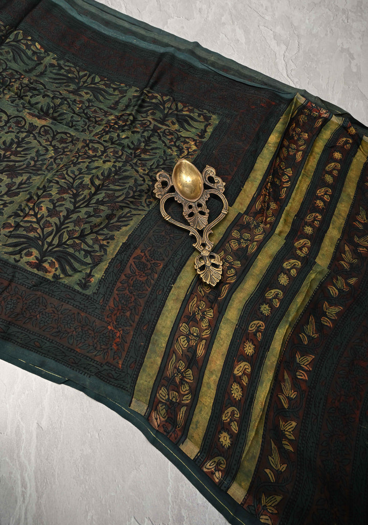 Green Vanaspati Hand Block Print on Modal Silk Saree