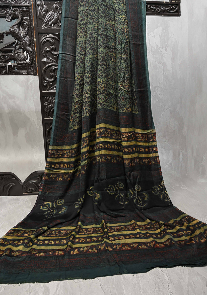 Green Vanaspati Hand Block Print on Modal Silk Saree