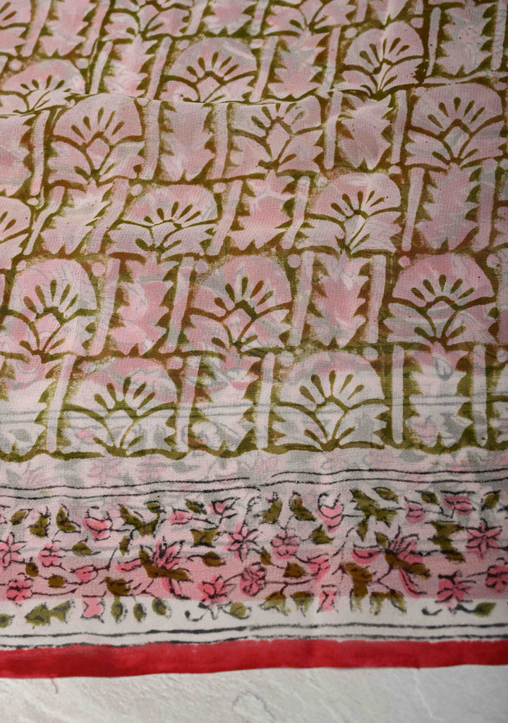 Red Georgette Saree with Sanganeri Hand Block Print