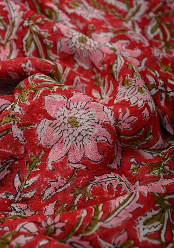 Red Georgette Saree with Sanganeri Hand Block Print