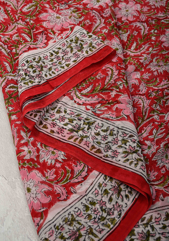 Red Georgette Saree with Sanganeri Hand Block Print