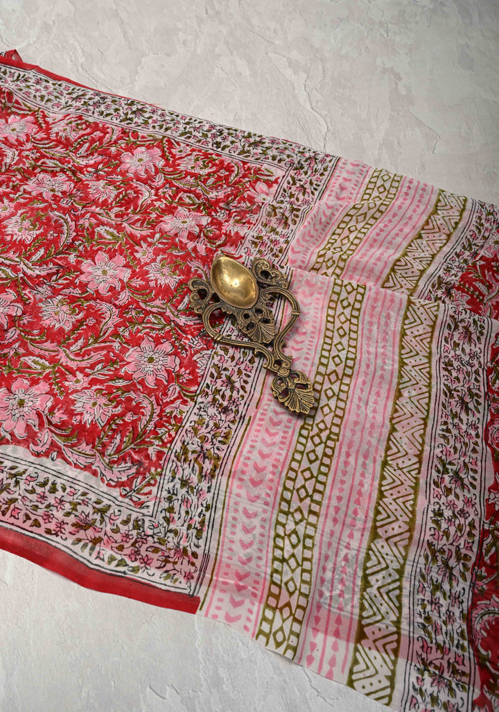 Red Georgette Saree with Sanganeri Hand Block Print