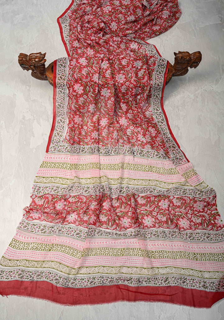 Red Georgette Saree with Sanganeri Hand Block Print