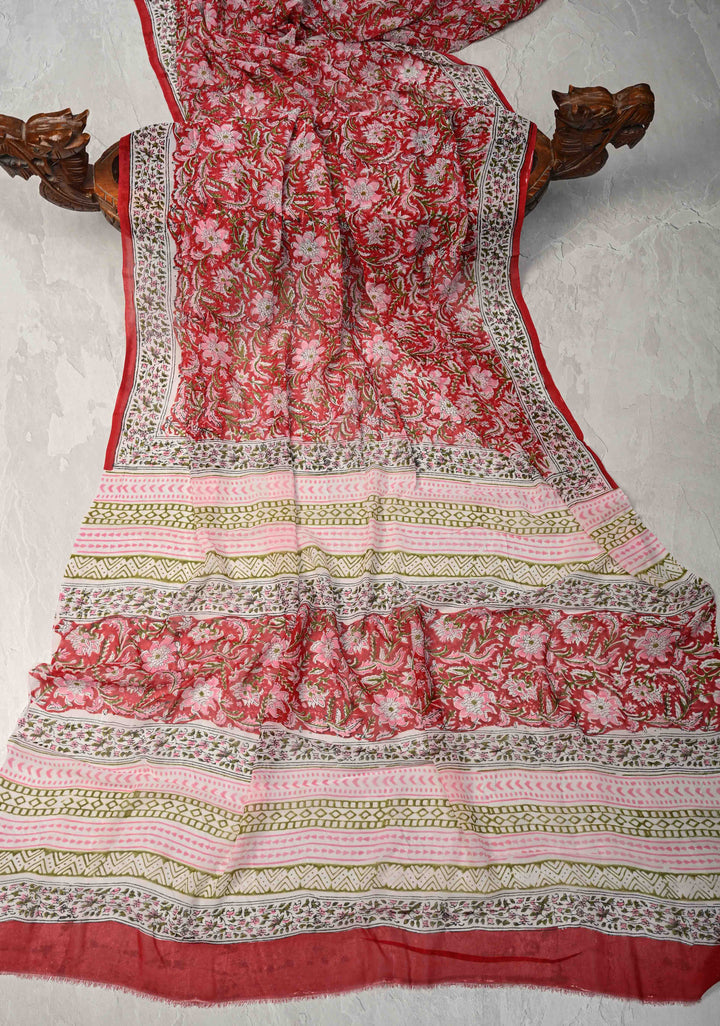 Red Georgette Saree with Sanganeri Hand Block Print