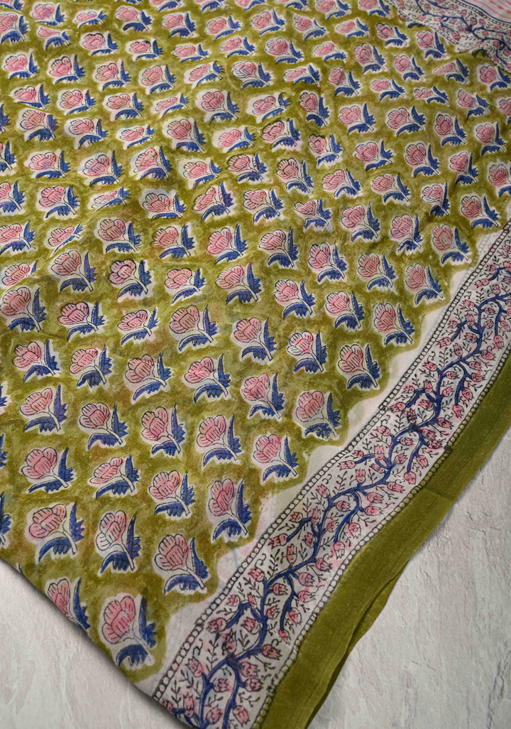 Olive Green Georgette Saree with Sanganeri Hand Block Print