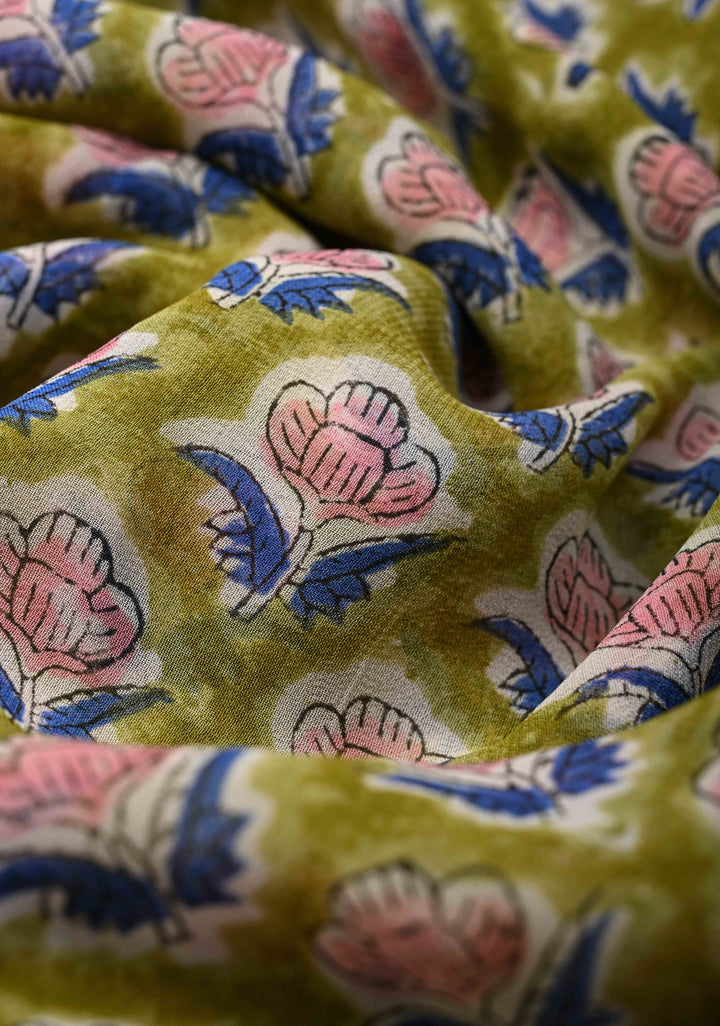 Olive Green Georgette Saree with Sanganeri Hand Block Print