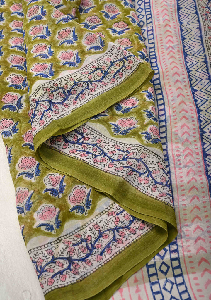 Olive Green Georgette Saree with Sanganeri Hand Block Print