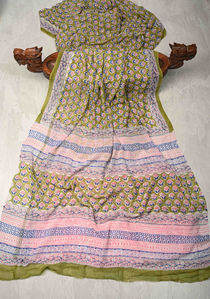 Olive Green Georgette Saree with Sanganeri Hand Block Print