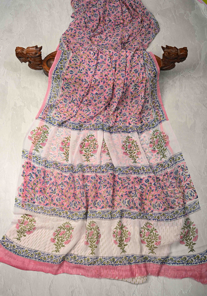 Light Pink Georgette Saree with Sanganeri Hand Block Print
