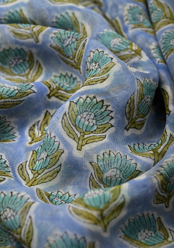 Light Blue Georgette Saree with Sanganeri Hand Block Print