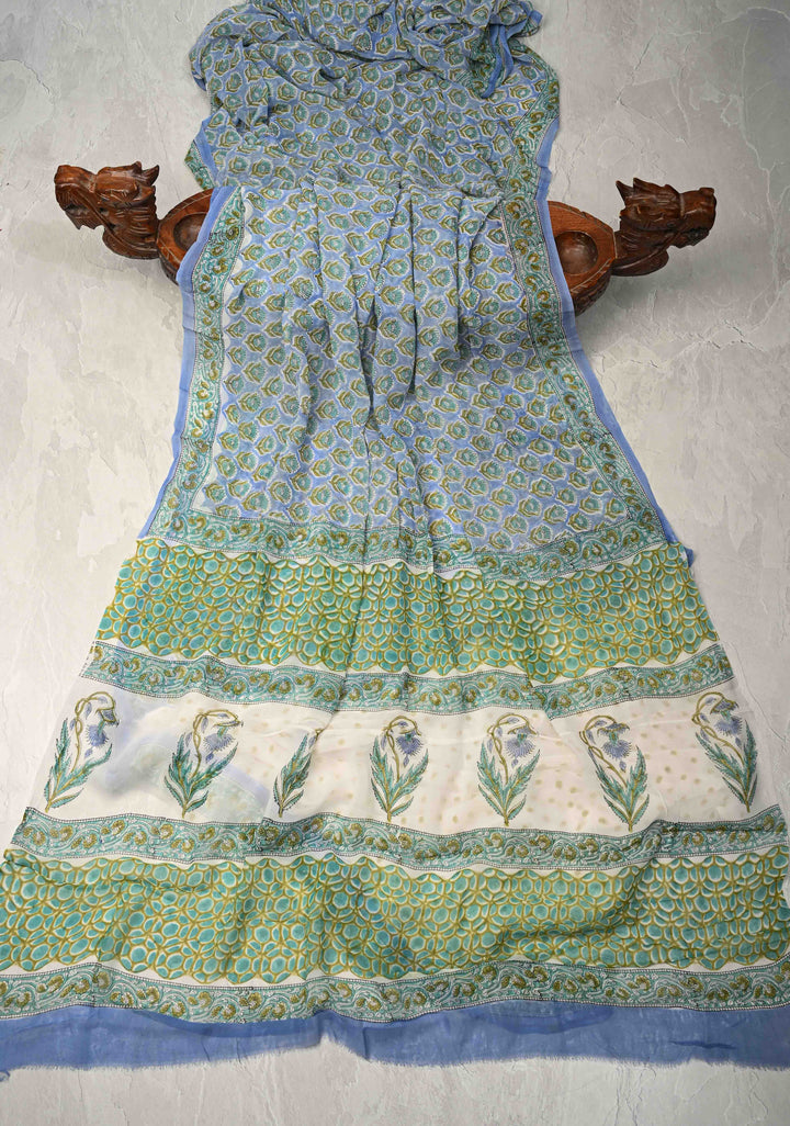 Light Blue Georgette Saree with Sanganeri Hand Block Print