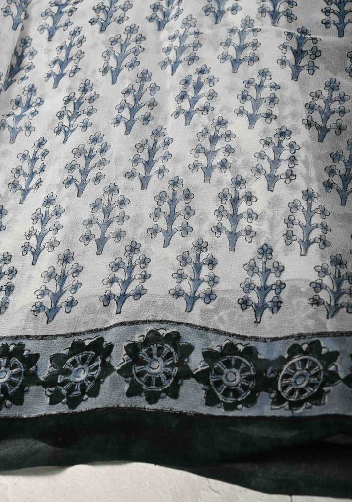 Green Georgette Saree with Sanganeri Hand Block Print