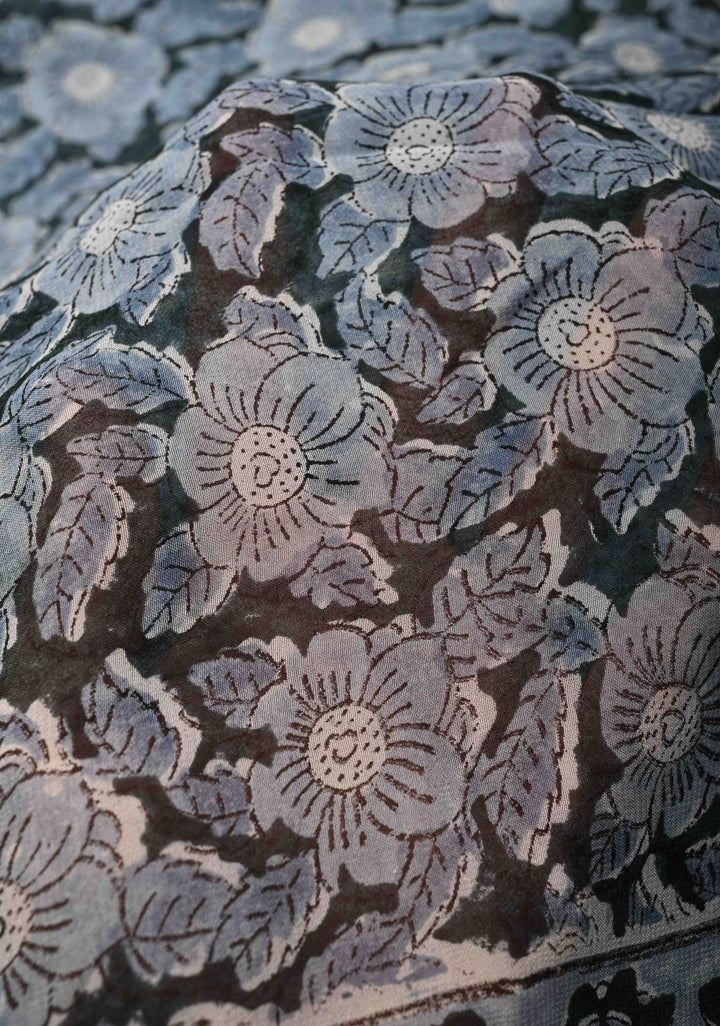 Green Georgette Saree with Sanganeri Hand Block Print