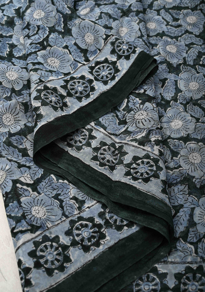 Green Georgette Saree with Sanganeri Hand Block Print