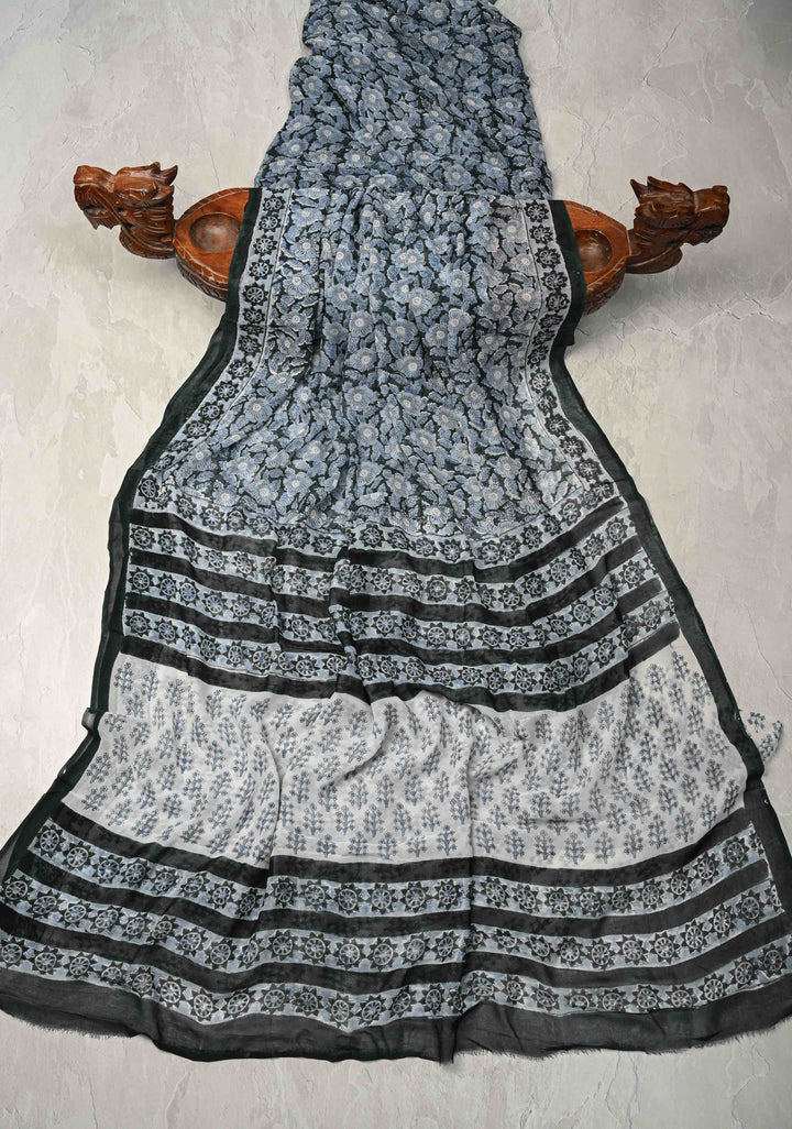 Green Georgette Saree with Sanganeri Hand Block Print