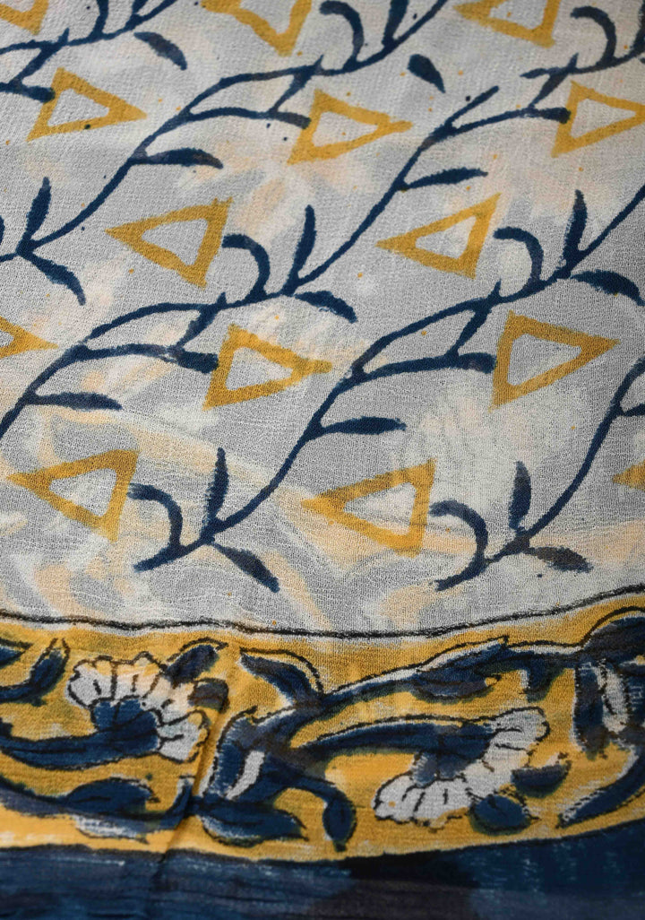 Prussian Blue Georgette Saree with Sanganeri Hand Block Print