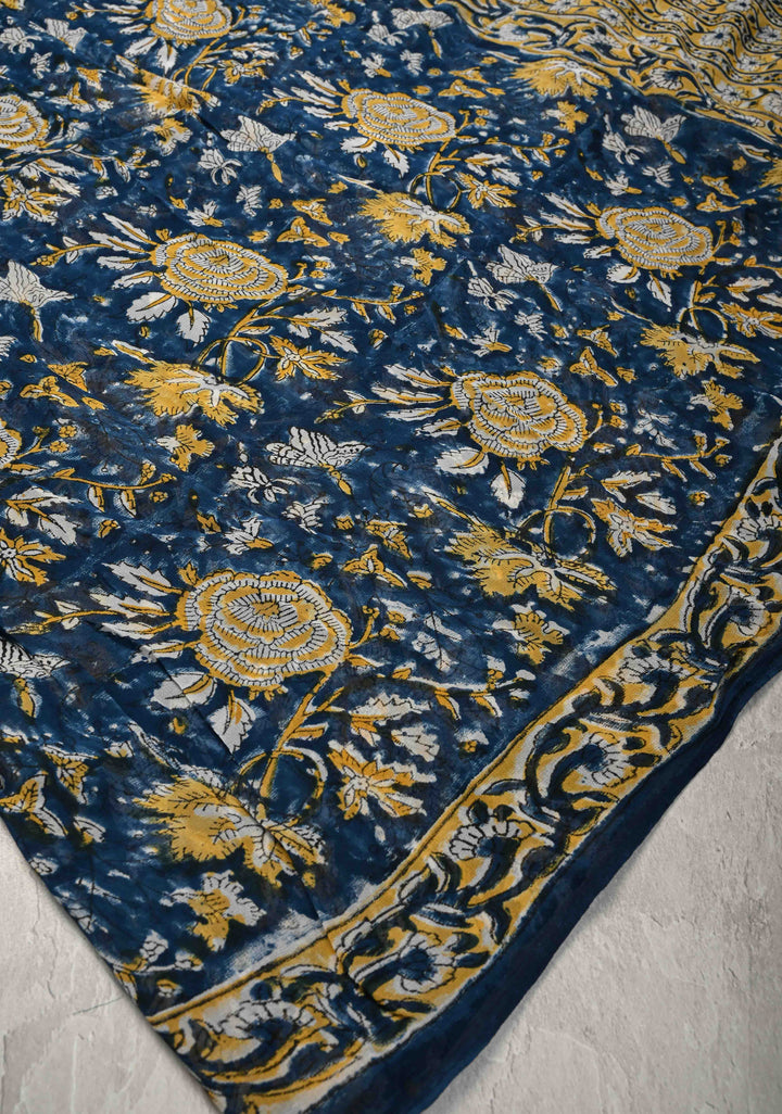 Prussian Blue Georgette Saree with Sanganeri Hand Block Print