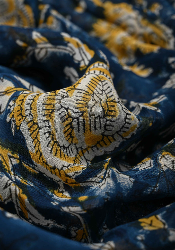 Prussian Blue Georgette Saree with Sanganeri Hand Block Print