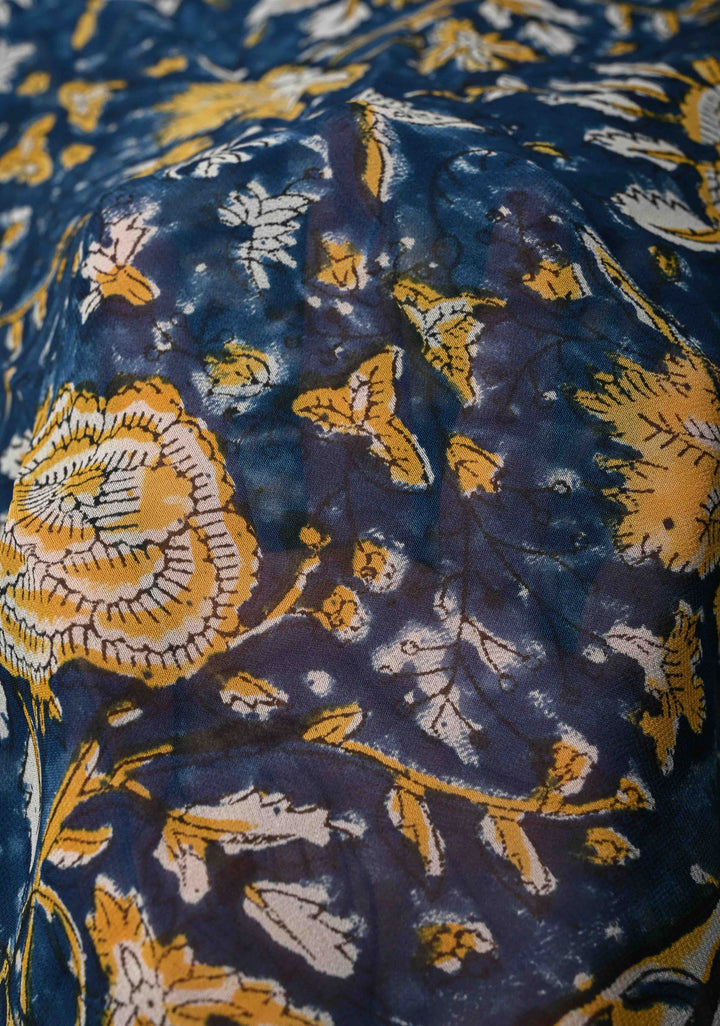 Prussian Blue Georgette Saree with Sanganeri Hand Block Print