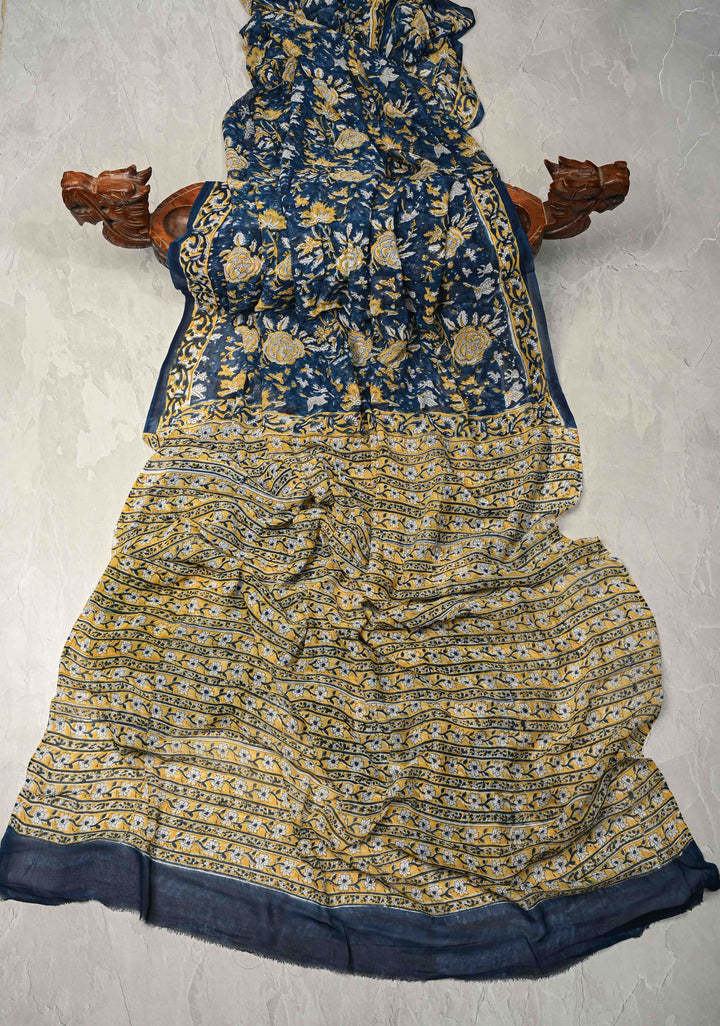 Prussian Blue Georgette Saree with Sanganeri Hand Block Print