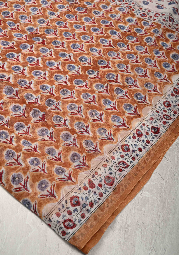 Light Brown Georgette Saree with Sanganeri Hand Block Print