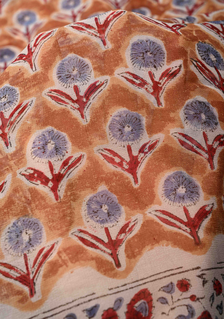 Light Brown Georgette Saree with Sanganeri Hand Block Print