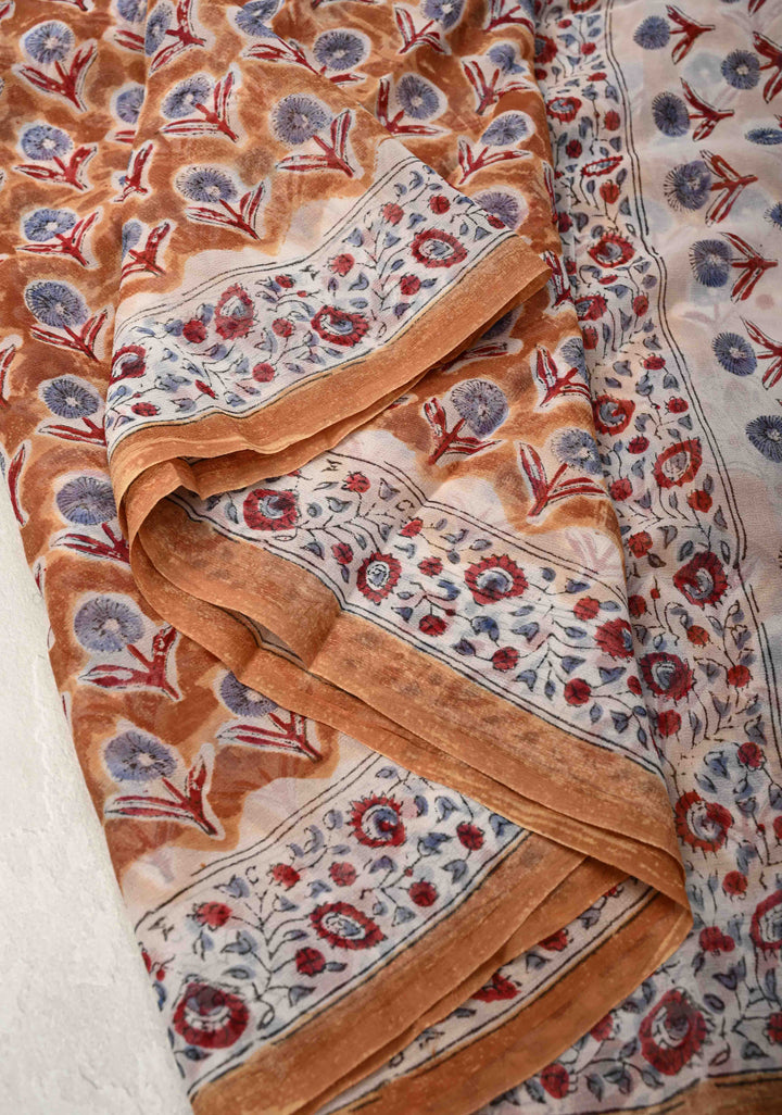 Light Brown Georgette Saree with Sanganeri Hand Block Print