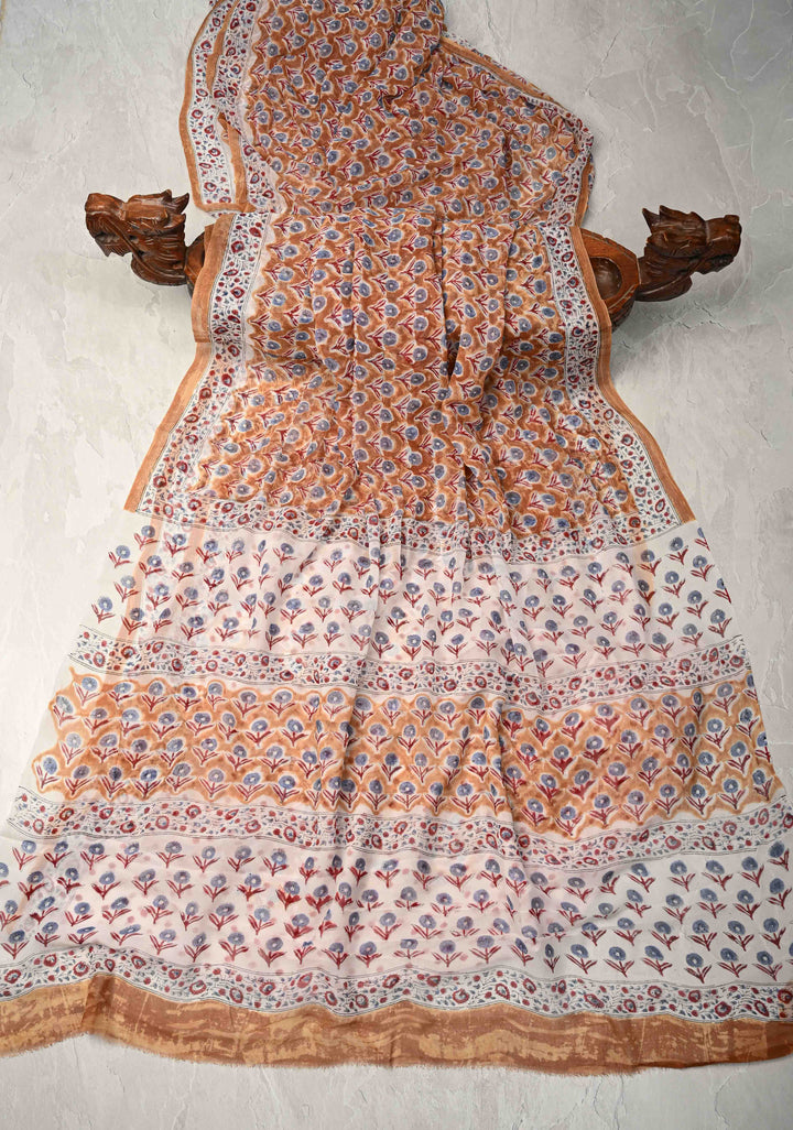 Light Brown Georgette Saree with Sanganeri Hand Block Print