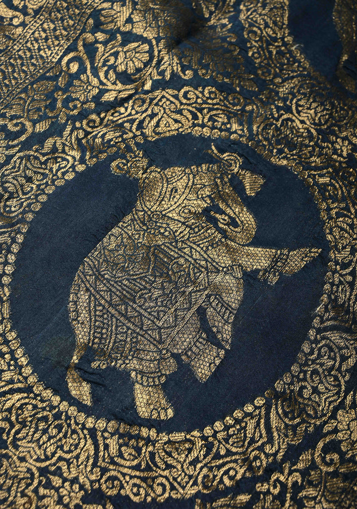 Indigo Ajrakh Hand Block Print on Dola Silk Saree with Fancy Zari Border and Elephant Motifs on Pallu