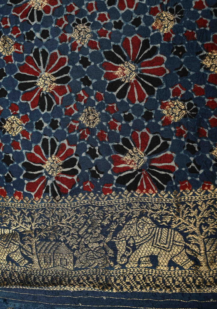Indigo Ajrakh Hand Block Print on Dola Silk Saree with Fancy Zari Border and Elephant Motifs on Pallu