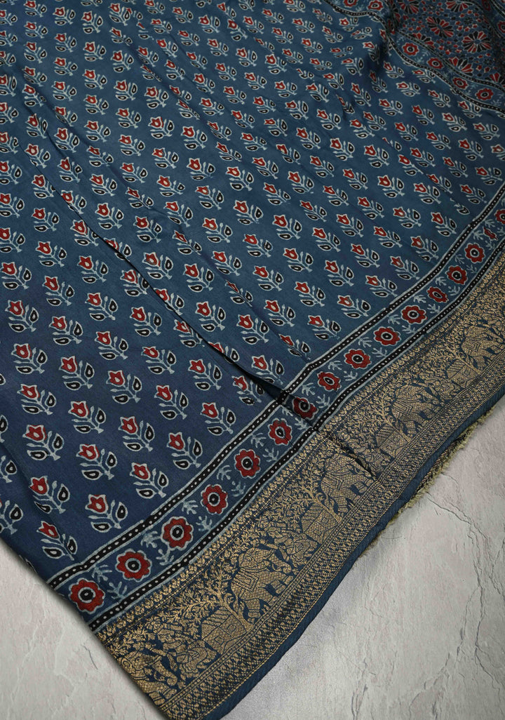 Indigo Ajrakh Hand Block Print on Dola Silk Saree with Fancy Zari Border and Elephant Motifs on Pallu