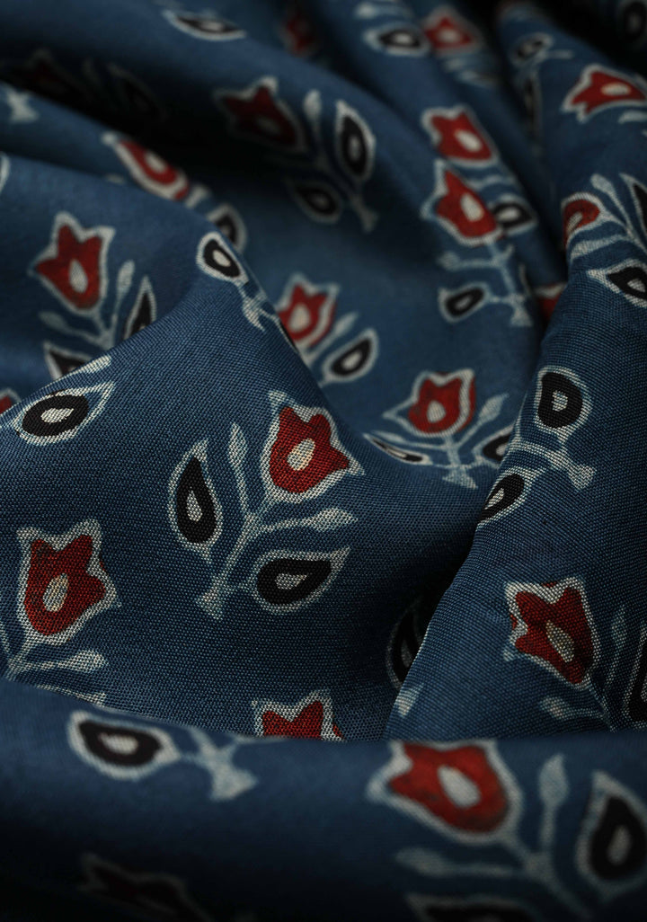 Indigo Ajrakh Hand Block Print on Dola Silk Saree with Fancy Zari Border and Elephant Motifs on Pallu