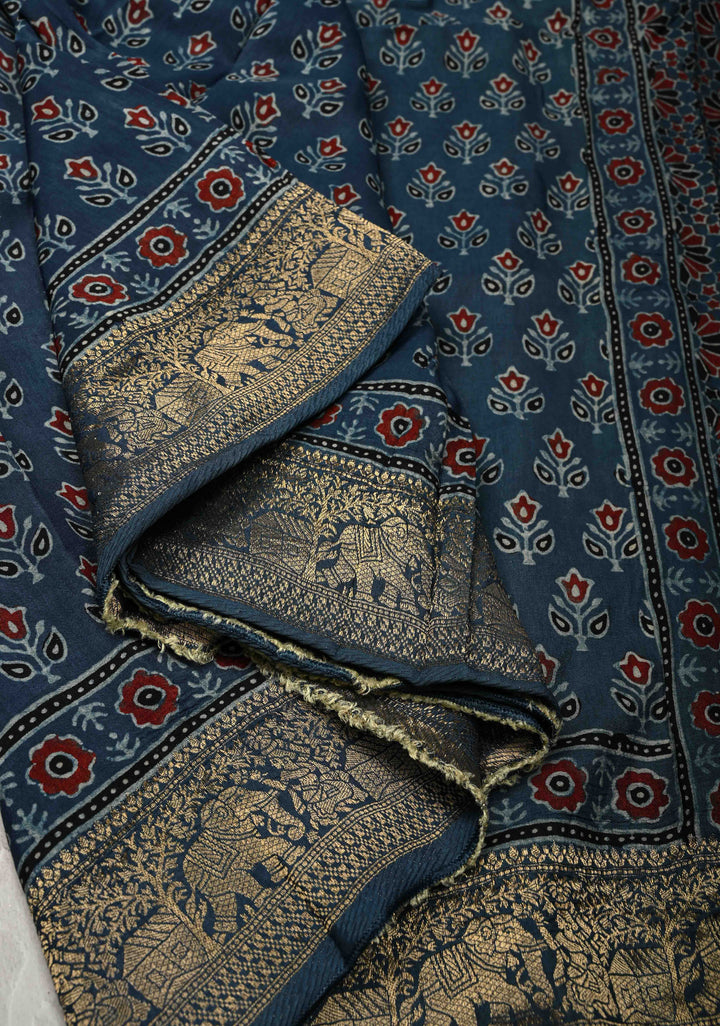 Indigo Ajrakh Hand Block Print on Dola Silk Saree with Fancy Zari Border and Elephant Motifs on Pallu