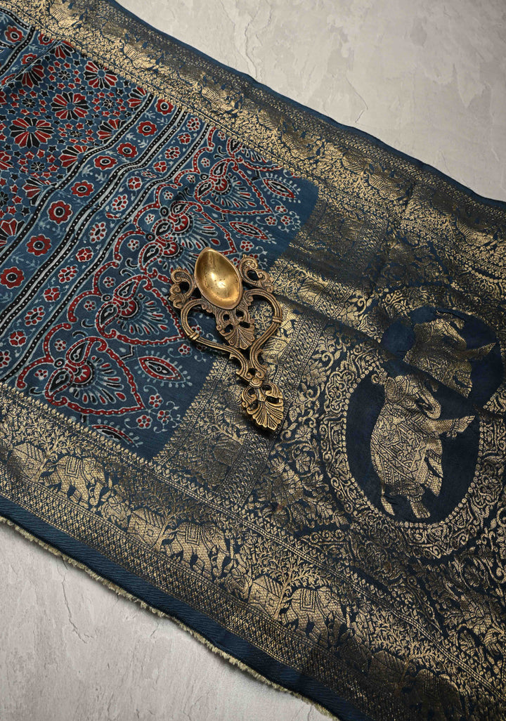 Indigo Ajrakh Hand Block Print on Dola Silk Saree with Fancy Zari Border and Elephant Motifs on Pallu