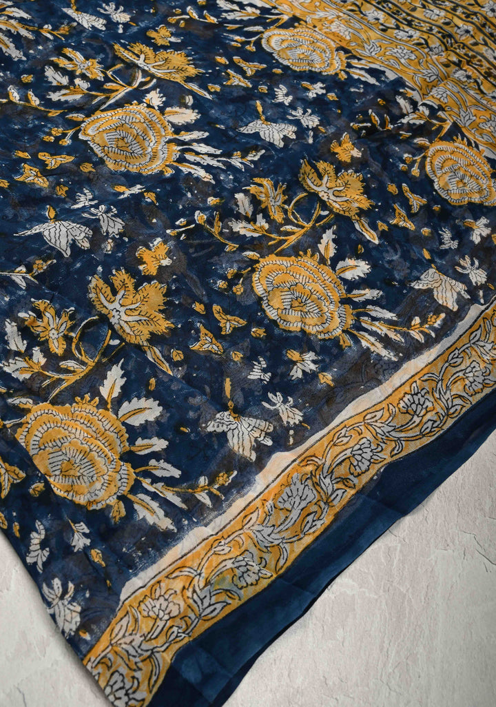 Prussian Blue Georgette Saree with Sanganeri Hand Block Print