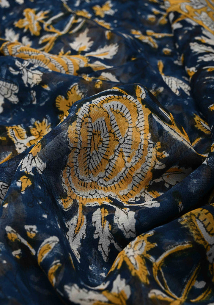 Prussian Blue Georgette Saree with Sanganeri Hand Block Print