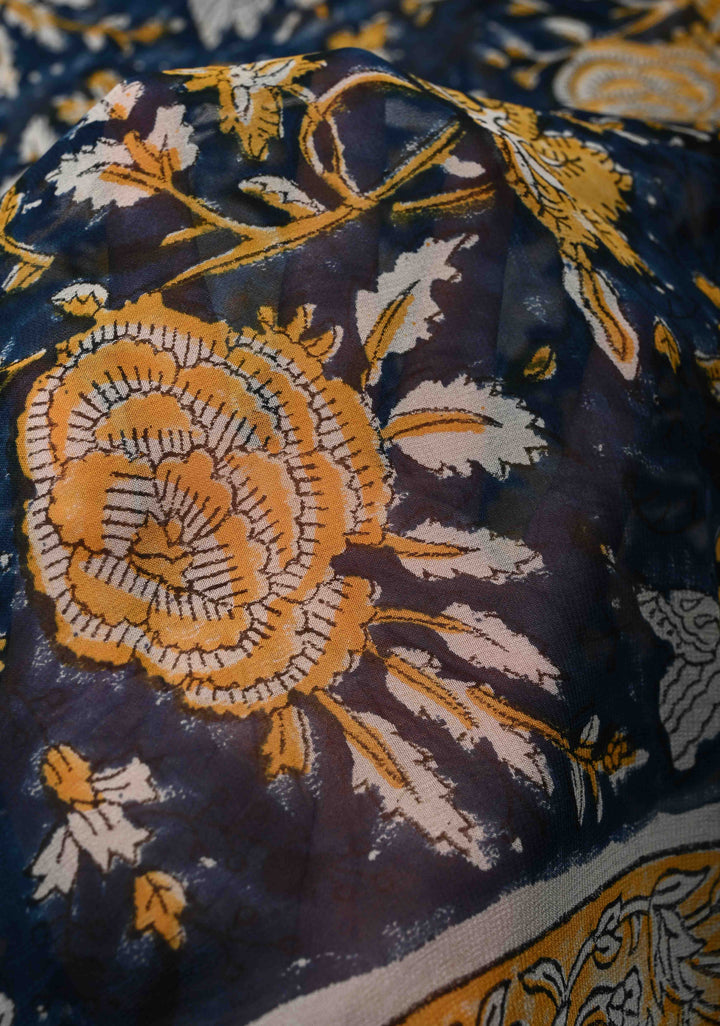 Prussian Blue Georgette Saree with Sanganeri Hand Block Print