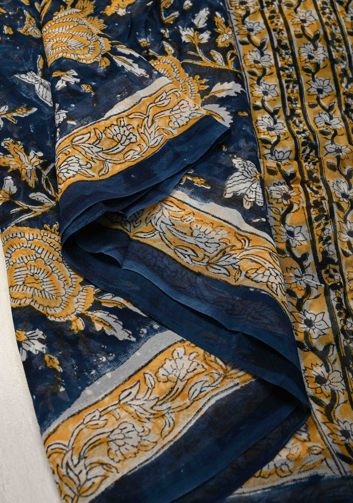 Prussian Blue Georgette Saree with Sanganeri Hand Block Print